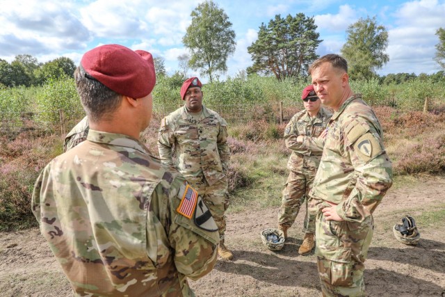 A representative from U.S. Army Europe-Africa visits with the 1st Battalion (Airborne), 143rd Infantry Regiment command team. The 143rd Infantry Regiment has a special case partnership with the 173rd Airborne Brigade Combat Team, based in the U.S....