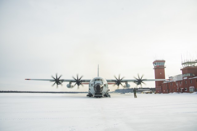 A New York Air National Guard LC-130H &#34;Skibird&#34; assigned to the 139th Airlift Squadron at Allen Army Airfield on U.S. Army Garrison Alaska’s Fort Greely, Mar. 3, 2020. Weather conditions can limit visibility, making an Instrument Landing System critical to safely conducting airfield operations during inclement weather.