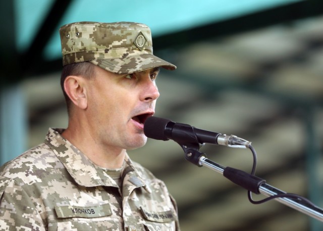 Ukrainian Brig. Gen. Vladyslav Klochkov, co-director of Rapid Trident 21 from the Ukrainian Land Forces, speaks to a multinational force during the opening ceremony for Rapid Trident 21, an annual Ukrainian-American training exercise, Sept. 20, at Central City Stadium, near Yavoriv, Ukraine. “This year&#39;s exercise is a demonstration of the fact that Ukraine, the United States and our international partners continue to strengthen their cooperation,” Klochkov said. 