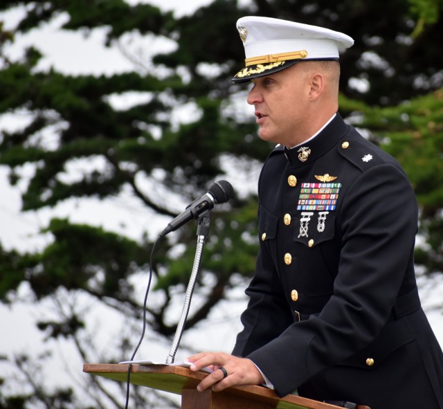 Lt. Col. Timothy Mayer, commander, Marine Corps Detachment, Presidio of Monterey, speaks at Lovers Point Park, Pacific Grove, Calif., Sept. 17, during the “Afghanistan Servicemembers Memorial” for the 13 service members killed in action at the Kabul Airport on Aug. 26.