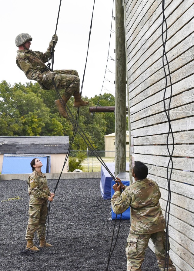 Cadet Ethan Rush rappels down the Warrior Tower Sept. 19 at Training Area 136, as part of the Army ROTC Gateway Battalion’s fall FTX.