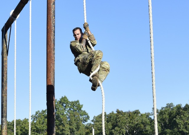 Cadet Marcus Slattery competes at the physical endurance course Sept. 17 at Training Area 98, as part of the Army ROTC Gateway Battalion’s fall FTX.