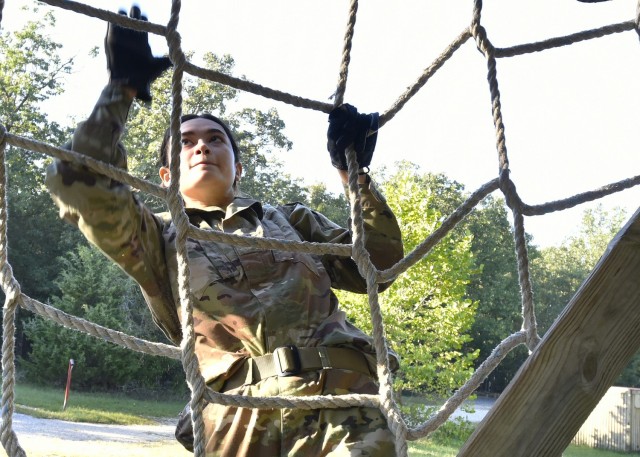 Cadet Mae Martel competes at the physical endurance course Sept. 17 at Training Area 98, as part of the Army ROTC Gateway Battalion’s fall FTX.