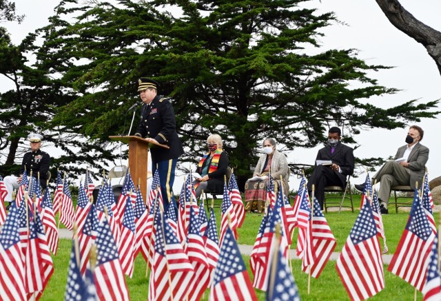 Chaplain (Maj.) Chester Olson, a chaplain at the Defense Language Institute Foreign Language Center, provides a special invocation at Lovers Point Park, Pacific Grove, Calif., Sept. 17, during the “Afghanistan Servicemembers Memorial” for the 13 service members killed in action at the Kabul Airport on Aug. 26.