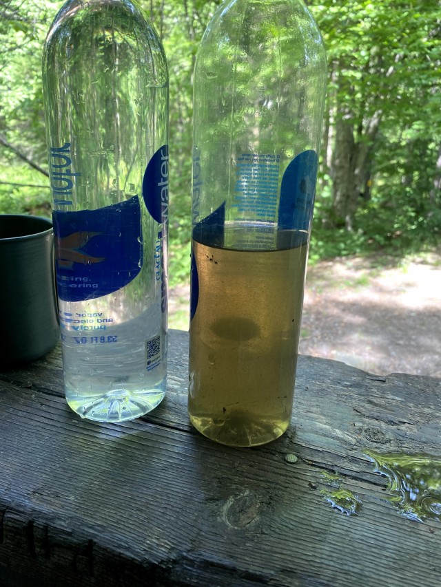 Alaina filtered her water collected from a river, right, three times and was about to drink it when a day hiker arrived and gave her clean water, left. on June 12, 2021. Alaina Killion completed the 273-mile hike along The Long Trail alone this past June. (U.S. Army Reserves photo by Alaina Killion)