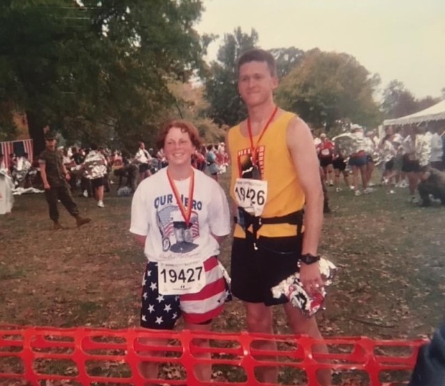 Sgt. First Class Casey Hicks ran her first marathon, the Marine Corps marathon, along her supervisor and friend Staff Sgt. Jeffrey Arbenz-Smith,