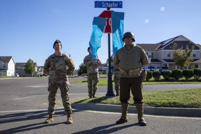 1st Infantry Division Soldiers unveil the newly named Schaefer Place in honor of 1ID Medal of Honor recipient, Staff Sgt. Joseph E. Schaefer, Sept. 22, 2021, at Fort Riley, Kansas. Schaefer, who earned his Medal of Honor for his actions in battle...