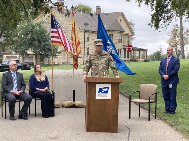 Col. Will McKannay, Fort Riley Garrison Commander, speaks at a ground breaking ceremony along with (from left) Charles Lincoln, United States Postal Service Fort Riley postmaster; Belinda Mills, USPS Fort Riley station manager; and Mark Inglet, USPS strategic communications; at Fort Riley, Kansas, Sept 15.