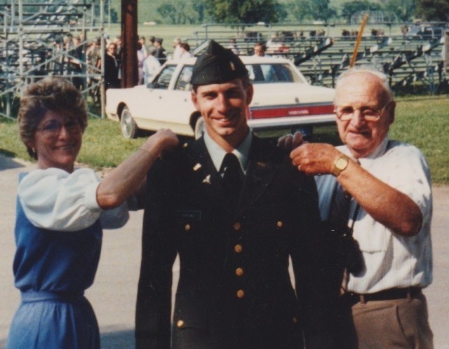Second Lt. Richard Hopkins (center), now a colonel and the COVID-19 response coordinator with Weed Army Community Hospital, poses for a photo with his mother, Elsie (left) and his grandfather, Albert Bowen, a World War II veteran, the day of Hopkins’ commissioning into the Army July 5, 1985, at Fort Riley, Kansas. Hopkins volunteered under the Army’s Retiree Recall Program to support the COVID-19 response mission. (Courtesy photo)
