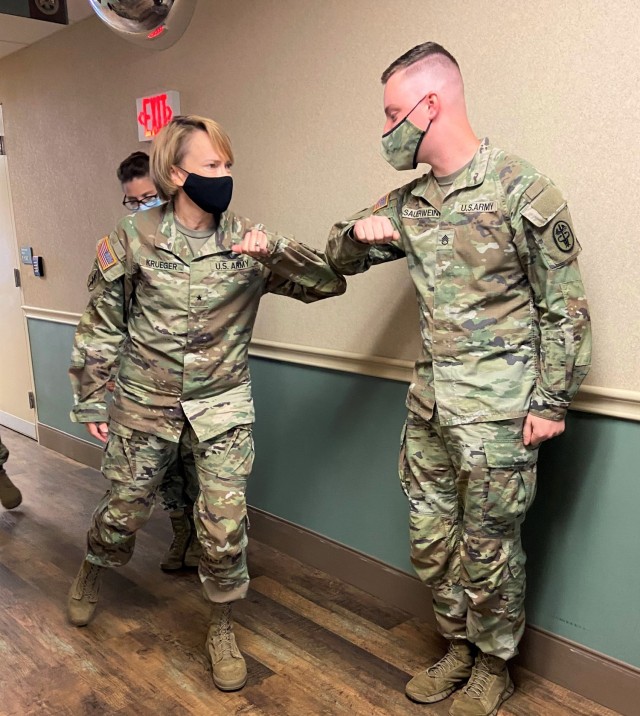During the one-day visit to Lyster, Brig. Gen. Krueger and Command Sgt. Maj. Booker also made time in their schedule to recognize members of the team who were identified as being key to supporting Lyster’s clinical operations. 