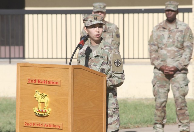Capt. Catherine Grizzle, A Battery, 2nd Battalion, 2nd Field Artillery commander, speaks during the change of responsibility ceremony Sept. 22, 2021, at Fort Sill, Oklahoma. Grizzle came up with the idea of a ceremony featuring the three most recent donkey mascots.
