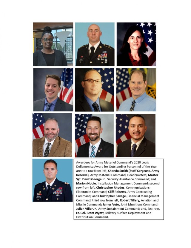 Awardees for Army Materiel Command’s 2020 Louis Dellamonica Award for Outstanding Personnel of the Year are: top row from left, Shonda Smith (Staff Sergeant, Army Reserve), Army Materiel Command, Headquarters; Master Sgt. David George Jr.,...