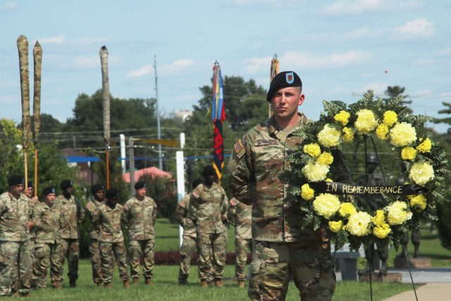 Soldiers from the 101st Airborne Division (Air Assault) reflect on the Sept. 11 terrorist attacks and the ensuing conflict in the Middle East Sept. 10 during Fort Campbell’s 20th Anniversary 9/11 Remembrance Ceremony, hosted outside of division headquarters.