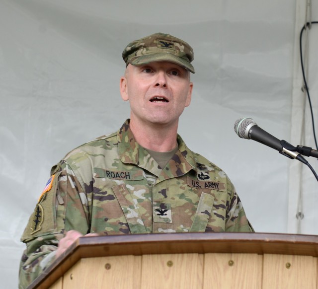 U.S. Army Col. Shane Roach, U.S. Army Medical Materiel Center-Europe commander speaks at the Kaiserslautern Army Depot ribbon cutting ceremony on Sep. 17, 2021 at Kaiserslautern, Germany. The ceremony formalizes the move from the command’s former base in the Husterhoeh Kaserne in Pirmasens, Germany where it has called home since 1975. USAMMCE provides theater level Class VIII medical supplies for U.S. Army Europe & Africa units. (U.S. Army Photo by Elisabeth Paqué).