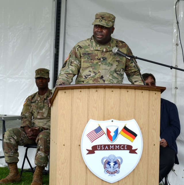 U.S. Army Col. Anthony Nesbitt, commander of Army Medical Logistics Command, speaks at the Kaiserslautern Army Depot ribbon cutting ceremony for U.S. Army Medical Materiel Center-Europe on Sep. 17, 2021 at Kaiserslautern, Germany. The ceremony formalizes the move from the command’s former base in the Husterhoeh Kaserne in Pirmasens, Germany where it has called home since 1975. USAMMCE provides theater level Class VIII medical supplies for U.S. Army Europe & Africa units. (U.S. Army Photo by Elisabeth Paqué).