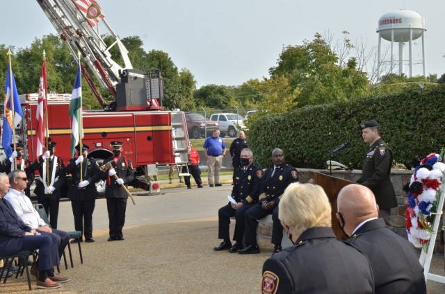 Colonel Andrew Q. Jordan, Fort Campbell garrison commander, delivers remarks as the guest speaker for the Clarksville, Tenn., Fire Rescue annual 9/11 Ceremony, hosted Sept. 11 at Fire Station 1.