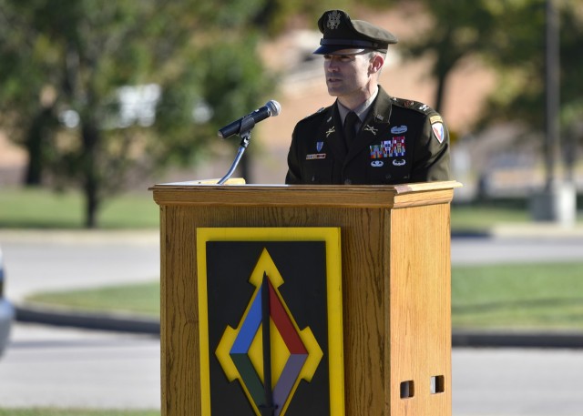 Col. Jeff Paine, U.S. Army Garrison Fort Leonard Wood commander, speaks at the Gold Star Families recognition event Sept. 25 on the Maneuver Support Center of Excellence Plaza. Paine called it “moving and humbling” to see the displays set up by the Gold Star families and hear the stories of the loved ones they lost.