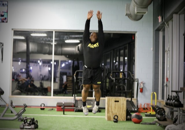 Army Reserve Sgt. Demos Moore, a chemical, biological, radiological and nuclear specialist assigned to the 377th Chemical Company, 485th Chemical Battalion, 76th Operational Response Command, gives his legs a workout by repeatedly jumping into the air at a gym in Richmond, Virginia, February 18. Moore, who once struggled with being overweight and out of shape has dedicated himself to physical fitness, losing more than forty-pounds in the past four months. (Official U.S. Army Reserve photo by Sgt. 1st Class Brent C. Powell)
