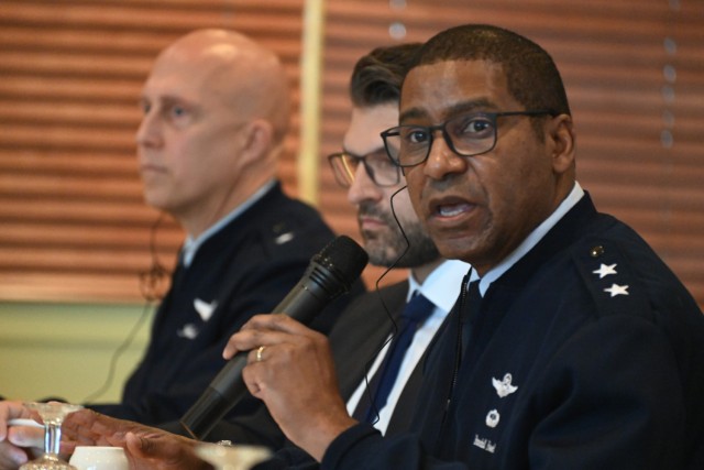 U.S. Air Force Maj. Gen. Randall Reed, 3rd Air Force commander and commander of the Kaiserslautern Military Community, addresses the annual Mayors Forum Sept. 28 at Armstrong's Club in the Vogelweh Military Community, U.S. Army Garrison...