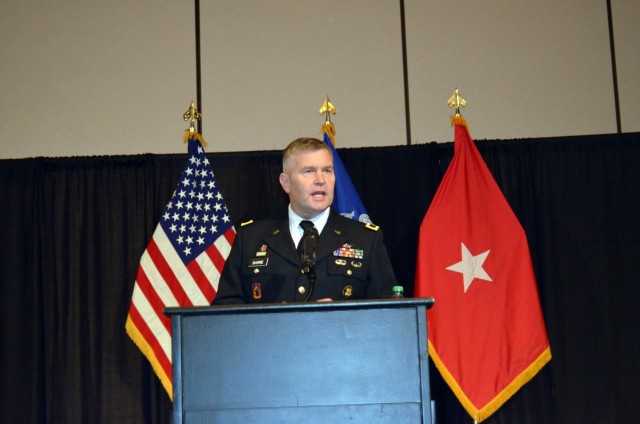 Big. Gen. Rob Barrie, Program Executive Officer for Army Aviation, provides the keynote address at the U.S. Army Future Airborne Capability Environment (FACE) and the Sensor Open System Architecture (SOSA) TIM (Technical Interchange Meeting) Sept. 14 at the Von Braun Center in Huntsville, AL.  The event included discussions and exhibits sharing new advancements and the progress being made for functionality and interoperability of modular open system environments. (Photo by Denise DeMonia)