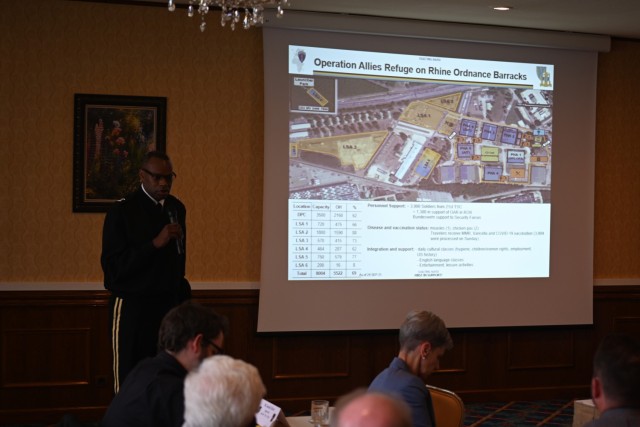 U.S. Army Maj. Gen. James M. Smith, commander of the 21st Theater Sustainment Command, briefs the Mayors Forum about Operation Allies Welcome Sept. 28.
