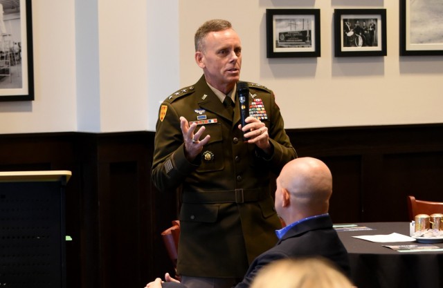Lt. Gen. Daniel L. Karbler, commanding general, U.S. Army Space and Missile Defense Command, speaks to community leaders during an Association of the U.S. Army Redstone Arsenal Chapter community leader breakfast, Sept. 22, about the command’s...