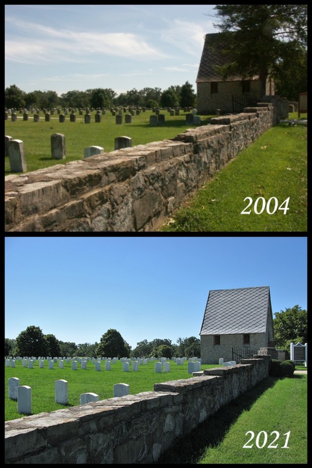 Before and after: a photo of the Fort Knox Main post cemetery in 2004 versus 2021. Over the past decade many repairs have been made in order for National Shrine Status to be achieved.