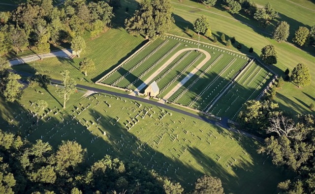 An aerial view of the Fort Knox Main Post Cemetery taken Sept. 24, 2021. The cemetery is the only one Army-wide to achieve National Shrine Status twice.