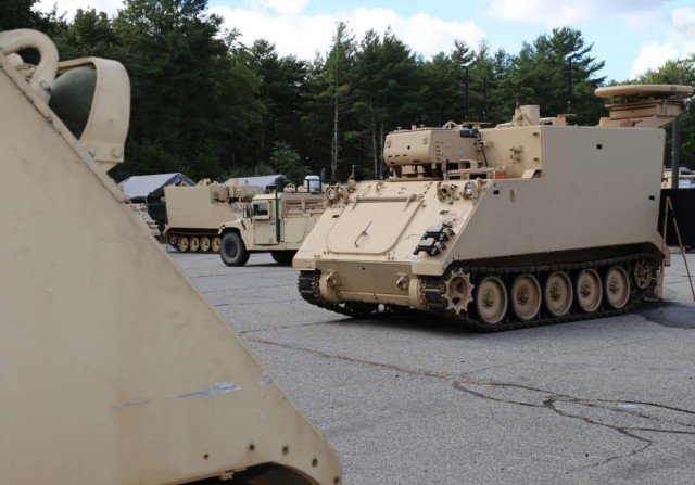 One of the M577 armored command vehicles  from the “Spartan Brigade,” 2nd Armored Brigade Combat Team, 3rd Infantry Division, is put on display for a distinguished visitors day for the Army’s high-profile network communication pilot effort known as ABCT On-the-Move, or OTM, at the General Dynamics facility in Taunton, Massachusetts, Sept. 21, 2021. During the demonstration, General Dynamics Mission Systems displayed three different concepts of employment that the Spartan Brigade will assess during the Army’s pilot late winter in 2022 at Fort Stewart. (U.S. Army photo by Amy Walker, PM Tactical Network, PEO C3T)