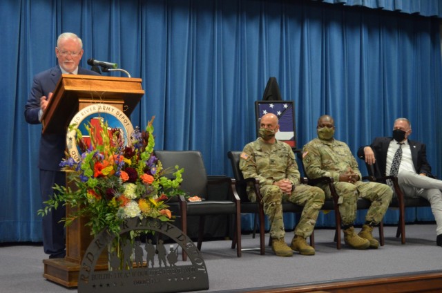 Patton Tidwell, deputy commander for Red River Army Depot, gives remarks during a retirement ceremony held in his honor September 23. Seated are (from left): RRAD Commander Col. Jack Kredo; RRAD Sgt. Maj. Quentin Washington and RRAD Chief of Staff Mike Lockard.