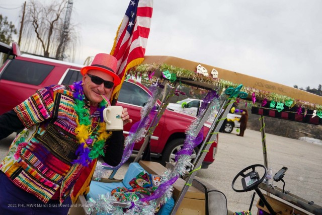 The Fort Hunter Liggett Community Initiatives Group partnered with DFMWR to host the installations first-ever Mardi Gras parade which featured a float decorating contest, authentic cuisine prepared by the Hacienda, and parade throughout the housing community, February 11, 2021.