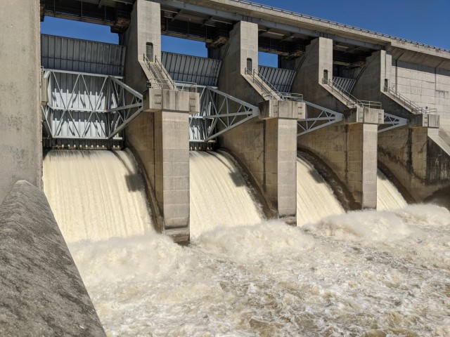 Harry S. Truman Powerhouse tainter gates operating in order to prevent flooding upstream of the dam in the spring of 2020.