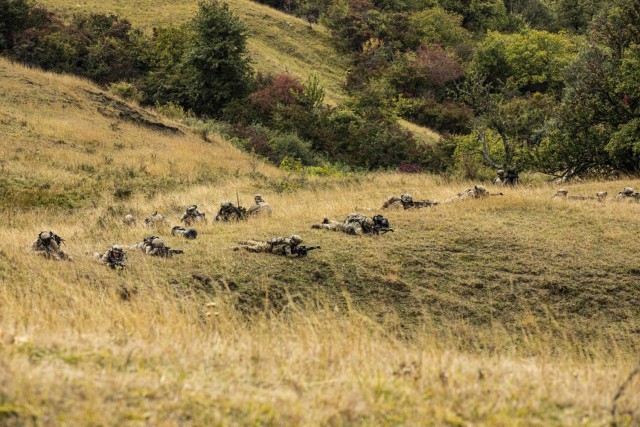 U.S. Army Soldiers assigned to Alpha Company, 1st Battalion, 16th Infantry Regiment “Iron Rangers,” 1st Armored Brigade Combat Team, 1st Infantry Division participate in a situational training exercise in Cincu, Romania, Sept. 23, 2021. The...