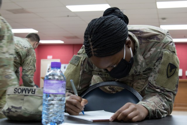 Spc. Dalyn Metts, an Army allied trade specialist assigned to the 1100th Theater Aviation Sustainment Maintenance Group, participates in a practical exercise during a Sexual Harassment/Assault Response and Prevention, or SHARP, ambassador program training session, Sept. 23, 2021, at Camp Arifjan, Kuwait. The practical exercise involved Soldiers sharing among themselves their ideas on ways to engage fellow Soldiers about SHARP topics in order to prepare them for their future roles as ambassadors for the program.