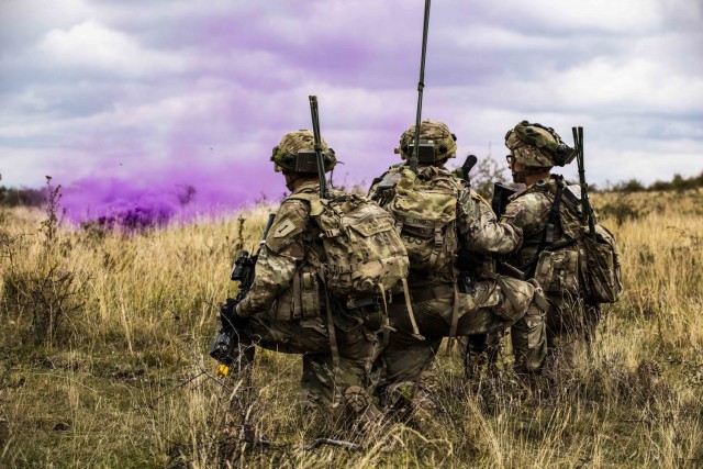 U.S. Army Soldiers assigned to Alpha Company, 1st Battalion, 16th Infantry Regiment “Iron Rangers,” 1st Armored Brigade Combat Team, 1st Infantry Division call in a medical evacuation during  a situational training exercise in Cincu, Romania,...