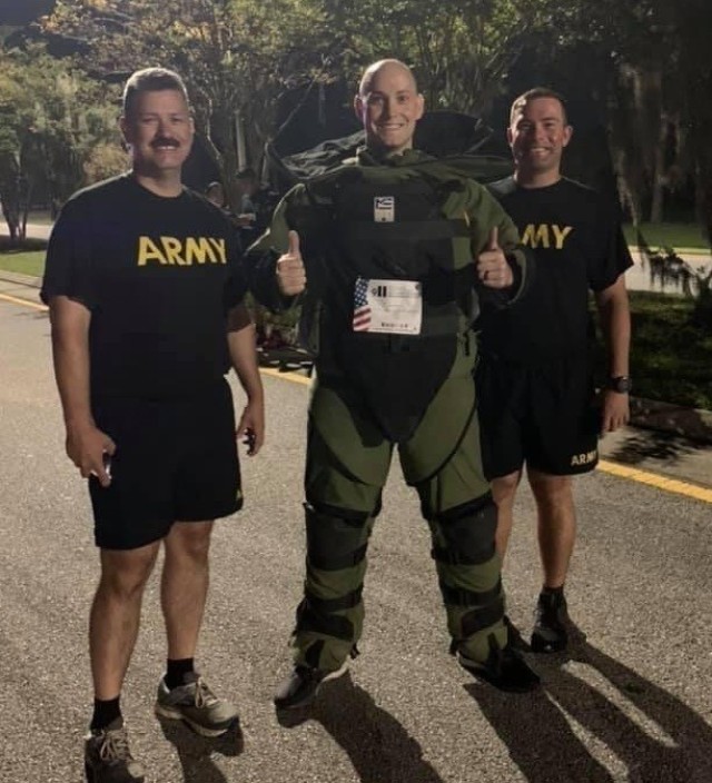 U.S. Army Explosive Ordnance Disposal technicians participate in the 9/11 Memorial Run on Fort Stewart, Georgia, Sept. 10. From the left, Sgt. 1st Class Eliot D. Bray, 1st Lt. Matthew C. Johnson and 1st Sgt. James Schwartz prepare for the run.  U.S. Army photo by Alyssa Johnson.