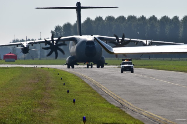 An A400 lands Sept. 25 at Chièvres Air Field, Belgium. Chièvres Air Fest took place Sept. 25, 2021 at Chièvres Air Base, Belgium. The Saturday event was the first time the base was opened to the general public in more than 25 years. (U.S. Army...