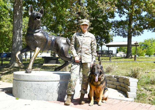 Sgt. Paige Lewis, an Army Reserve Soldier with the 102nd Training Division, who also works as a civilian administrative support specialist at the Urban Search and Rescue Department here, adopted retired military working dog Eros in May 2020. He is currently in the running for a K-9 Hero Award, which recognizes seven of the nation’s top-performing police and military K-9 heroes during a televised ceremony in November in Washington.