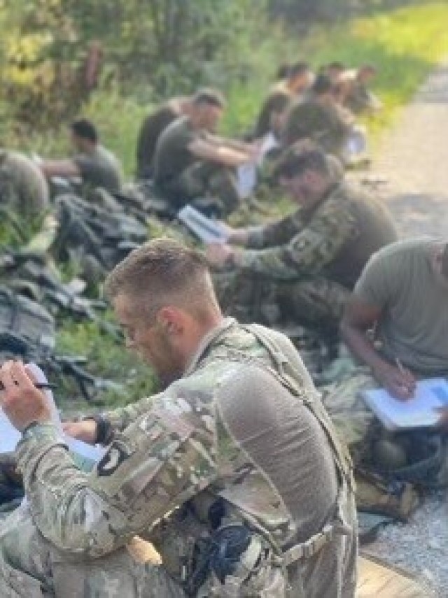 1st Lt. Matt Mckenzie conducts individual assessment of his performance as a leader. during a two-day training exercise known as the Leader Battalion Platoon Leader Academy for 29 lieutenants here on August 25th and 26th.