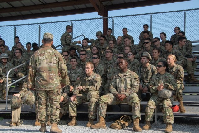 Capt. Adrian Sanchez gives a speech to a platoon of 6th Regiment, Advanced Camp after they have successfully completed the rappel tower at Fort Knox, KY on July 3, 2021. | Photo by Griffin Amrein, CST Public Affairs.