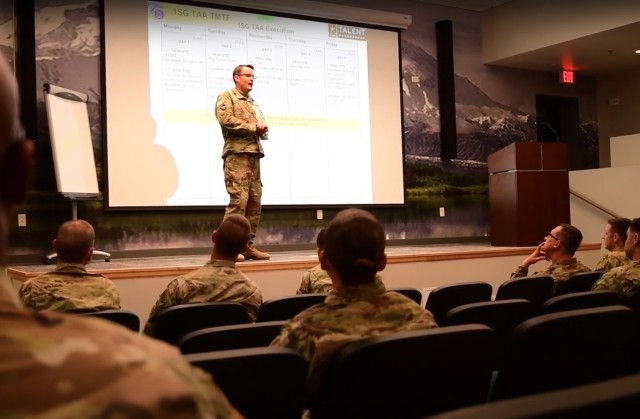 Master Sgt. James Spear, Army Talent Management Task Force – Enlisted Talent Management Team member, provides overview to 10th Mountain Division candidates participating in the First Sergeant Talent Alignment Assessment at Fort Drum, N.Y. This next step of the enlisted talent management assessments provides units with a decentralized job placement tool for selecting their most talented NCOs for first sergeant positions. 