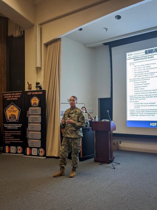 Col. Kevin Bigelman presenting at the Total Force Fitness Summit highlighting the implementation of the Holistic Health and Fitness program.
