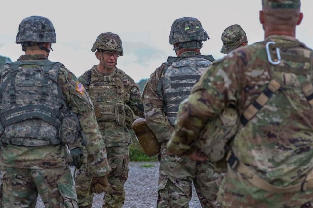 Sgt. Maj. of the Army Michael A. Grinston provides feedback to Soldiers during an exercise walkthrough for the Army-level Best Warrior Competition at Fort Knox, Ky., Sept. 22, 2021. Grinston said the Army&#39;s People Strategy helped Soldiers maintain readiness during fiscal year 2021 at a media event Sept. 30, 2021.