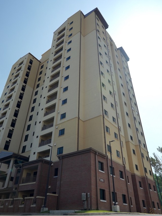 An exterior view of Camp Walker’s Bldg 810, Tower 2 in Daegu. The tower provides base residents with spacious, American-style apartments.