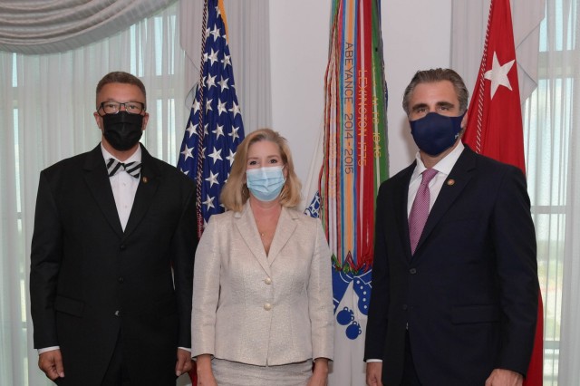 Honorable Christine Wormuth hosts a CASA Investiture Ceremony at the Pentagon, on Sep. 30, 2021. From left to right:  Mr. Bobby G. Henry Jr., CASA for Maryland (South), HON Christine Wormuth, (center) and Mr. Guy Filippelli (right) CASA for Maryland (Central).  