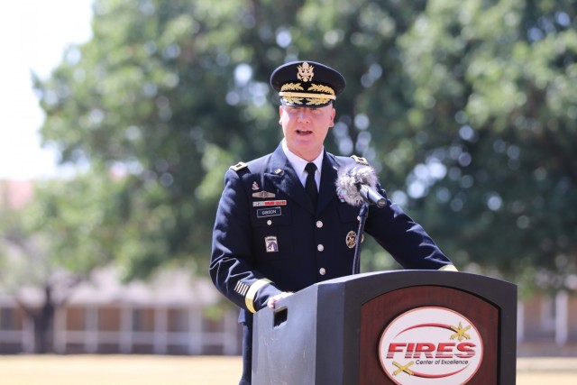 Newly promoted Maj. Gen. Brian Gibson addresses the audience at his promotion ceremony Sept. 24, 2021. Gibson is the director of the Air and Missile Defense Cross-Functional Team at Fort Sill.