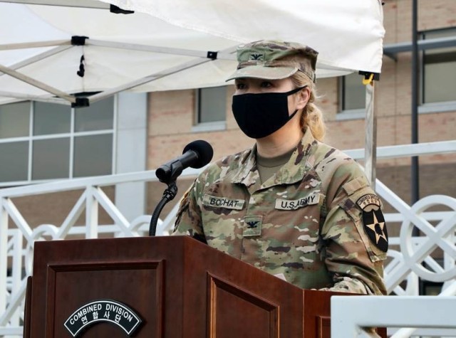 U.S. Army Col. W. Maria Bochat, the chief of staff for the 2nd Infantry Division addresses attendees at an event commemorating 9/11 September 9, 2021 on Camp Humphreys. Col. Bochat was a member of the initial team in the event. (Photo by Pfc. Heewon Cho.)