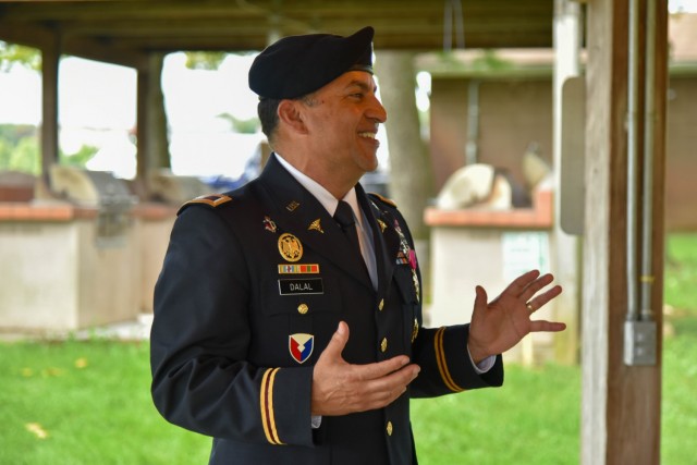 Col. Stephen Dalal cracks a smile during a speech delivered at his own retirement ceremony at Fort Detrick on Friday, September 17, 2021. 