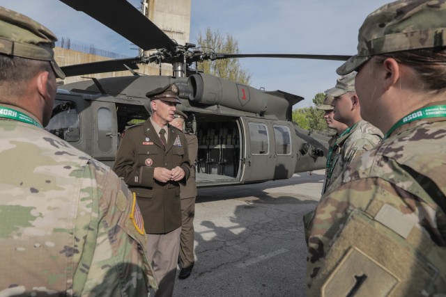 Lt. Gen. Jon A. Jensen, director of the Army National Guard, speaks to members of the 1st Infantry Division at the Adriatic Sea Defense and Aerospace exhibition in Split, Croatia, Sept. 29, 2021. Jensen, who previously served as the adjutant...