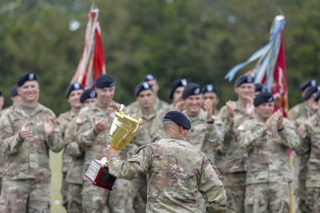 Dogface Soldiers assigned to 2nd Armored Brigade Combat Team, 3rd Infantry Division, celebrate winning ‘The Marne Cup’ during the 3rd Infantry Division Marne Week Closing Ceremony on Fort Stewart, Georgia, May 20, 2021. Marne Week displays the fighting spirit, tenacity and warrior ethos that is the Dogface Soldier, carrying on the unit’s proud history and lineage. (U.S. Army photo by Spc. Savannah Roy/ 3rd Combat Aviation Brigade, 3rd Infantry Division)